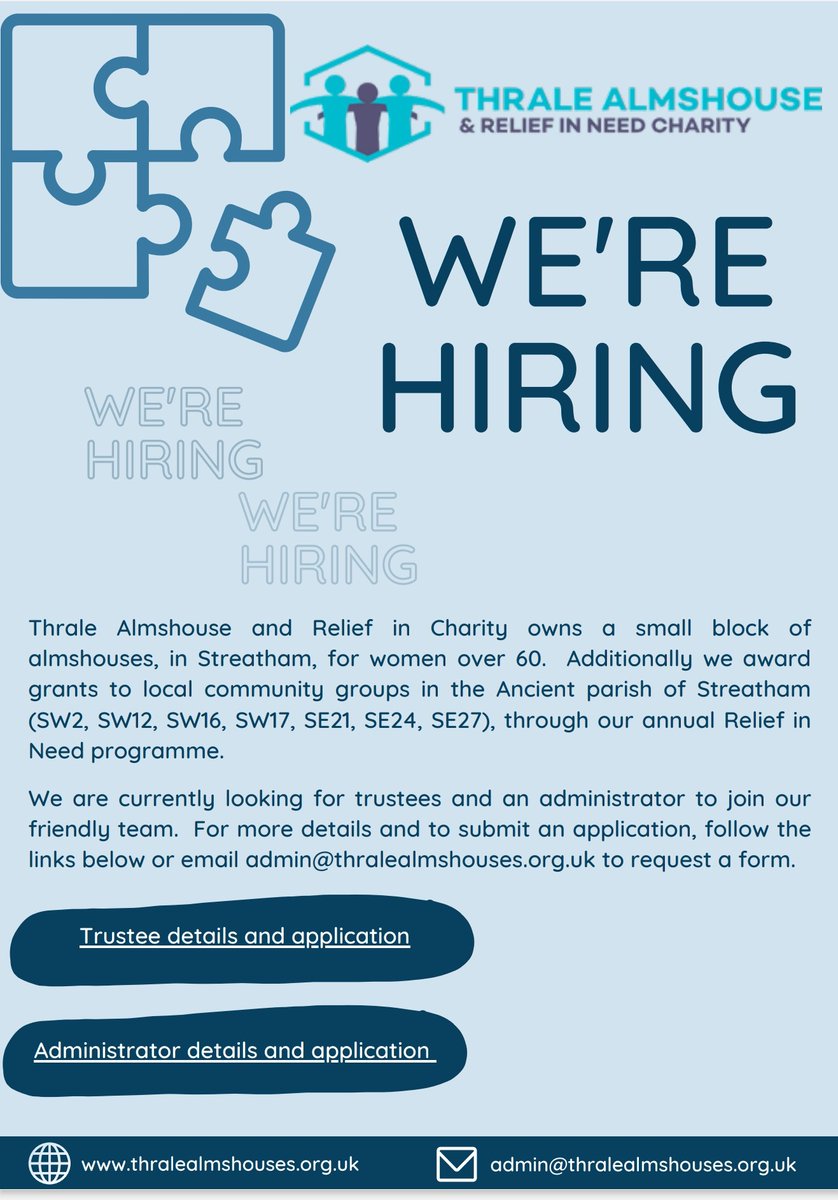There's still time to apply for the roles we are seeking to fill! We are looking for Trustees to join our board and a part-time Administrator.

Follow this link for more information on our homepage and to apply thralealmshouses.org.uk

Pls retweet and share!
