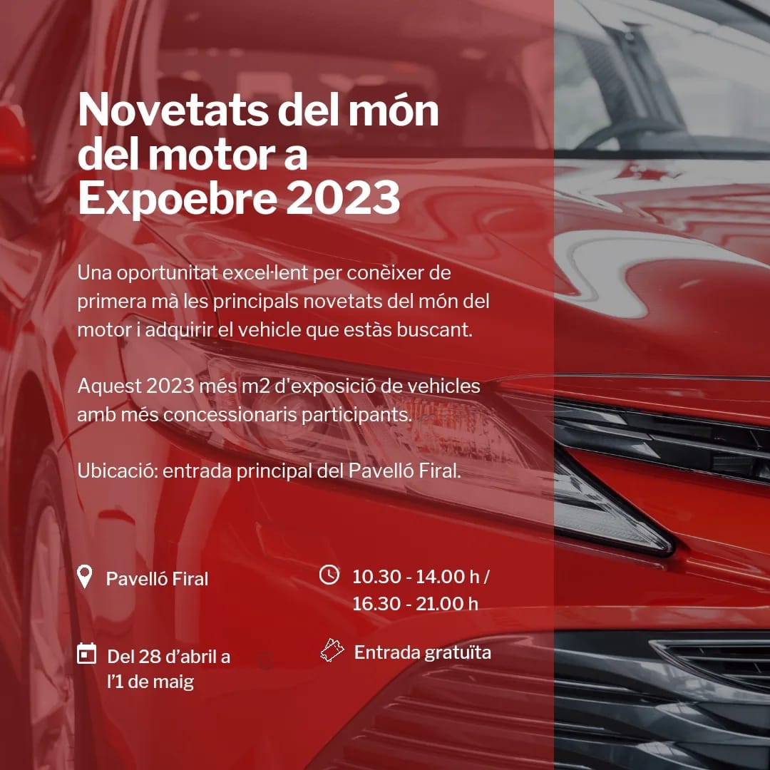 FiraTortosa's tweet photo. AUTOMOCIÓ, el món del motor a Expoebre 2023. Adquireix el vehicle que estàs buscant! 🚗🛵🛻
Del 28 d'abril a l'1 de maig, al pavelló firal de Remolins.
T'hi esperem! 🤗
#FiraTortosa #Expoebre2023 #Tortosa #Terresdelebre #concessionaris #cotxes #motos #vehicles #automocio #motor https://t.co/USe2ot4ykr