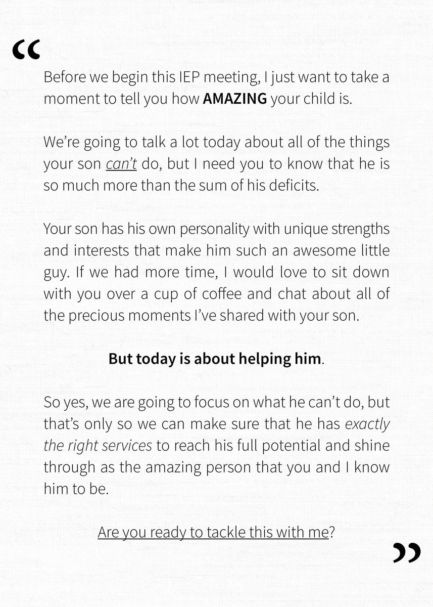 Lead2Support's tweet photo. I believe that ALL parent conf &amp; IEP meetings should start with the parent before staff say a word.
To say, “You know your child best-Tell us about them, what we should know, &amp; how we can support you.”
This will TRANSFORM how families work w/ you &amp; your staff. #ListenFirst https://t.co/TWODGxUCPQ