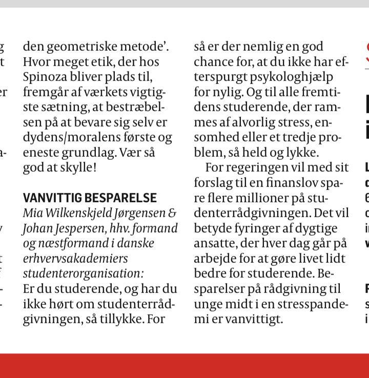 Mia_w_jorgensen's tweet photo. I vrede og afmagt har min næstformand og jeg skrevet et indlæg i dagens @politiken 

Jeg ved, at vi ikke er de eneste der synes det vanvittigt at spare på studerendes trivsel… især i disse tider 
#dkpol #uddpol #skodfinanslov https://t.co/z8Tbsm5dQl