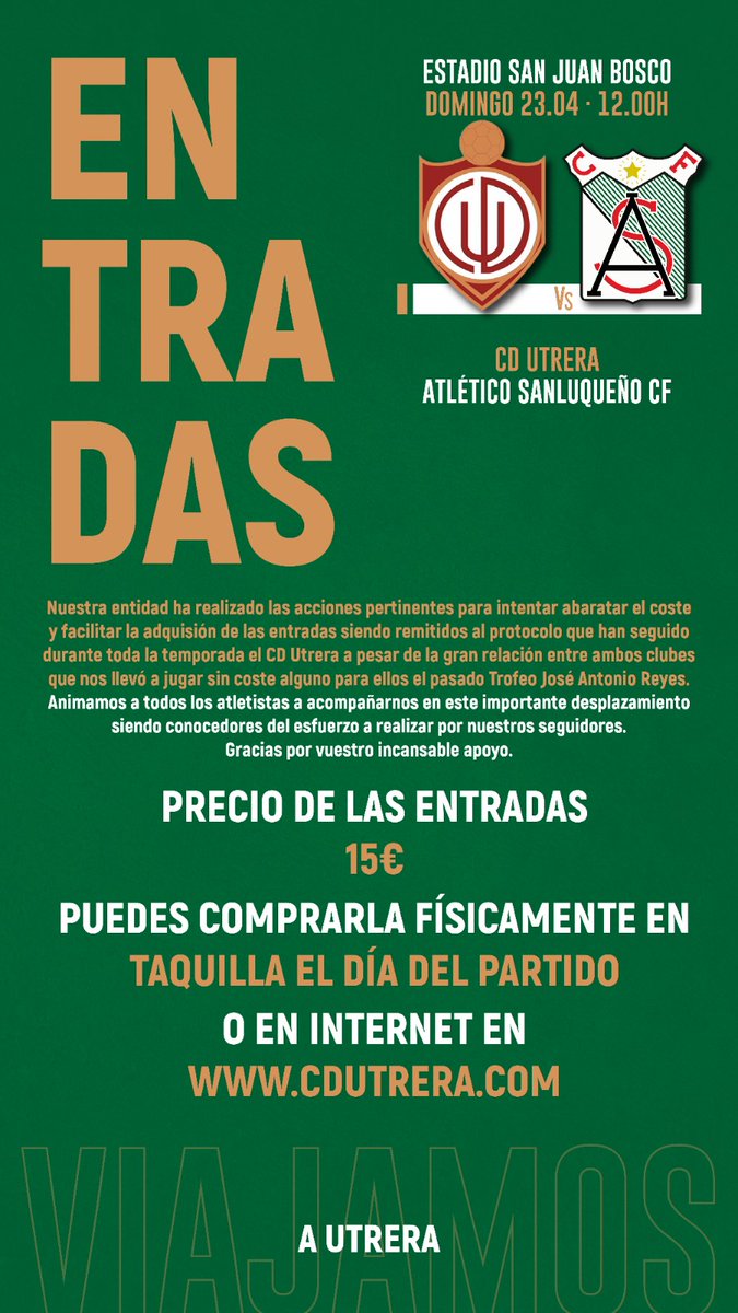 ℹ️ Información sobre las entradas para el partido frente al <a href="/UTRERACD/">C.D. Utrera</a>

🔗 Enlace para comprar las entradas vía online: utrera.deporges.com/entradas/core.…