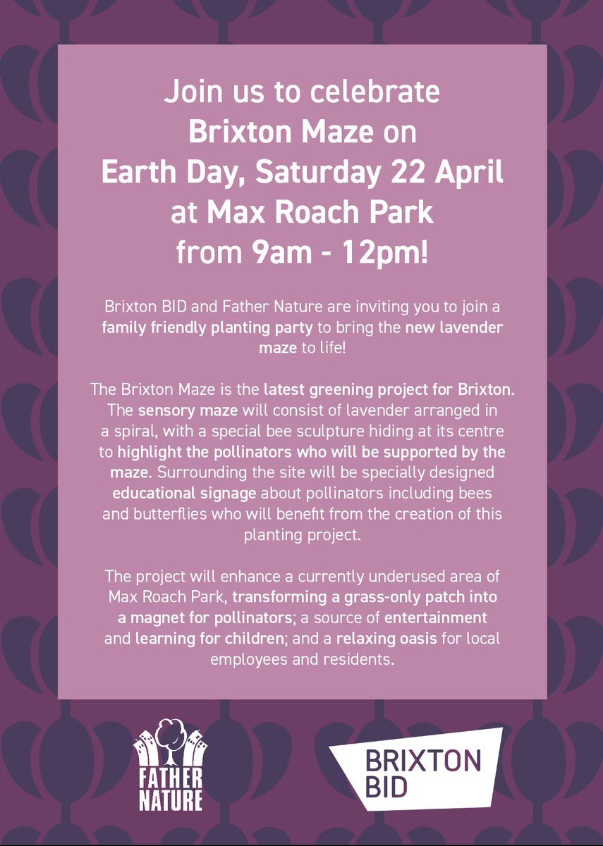 LSPLambeth's tweet photo. It's Earth Day this Saturday 22 April🌎

Join people across the world celebrating the planet this weekend by helping plant a Lavender Maze - a sensory learning and play experience 🌱

📍 Max Roach Park
⏰ 9am to 12pm

@FatNatChat https://t.co/5zfmqML2Uo