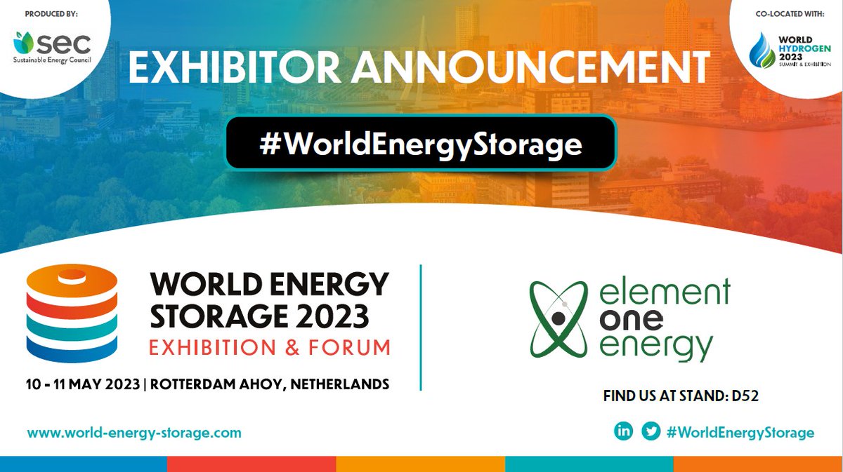We are pleased to announce Element One Energy as an Exhibitor at #WorldEnergyStorage. Meet them at Stand D52.    

✅Free Ticket:  bit.ly/3YaMbQp 
📙Programme:  bit.ly/3Iz1pch 
📌Book Your Stand:  bit.ly/3ZrK7EB