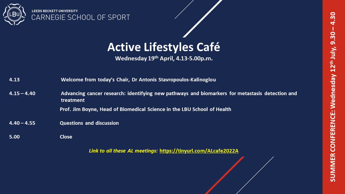 Our Active Lifestyle cafe is back!

Prof. Jim Boyne, Head of Biomedical Science, School of Health, LBU talks about: 

"Advancing cancer research: identifying new pathways and biomarkers for metastasis detection and treatment"

Wednesday 19/04, after 4pm: tinyurl.com/alcafe2022A