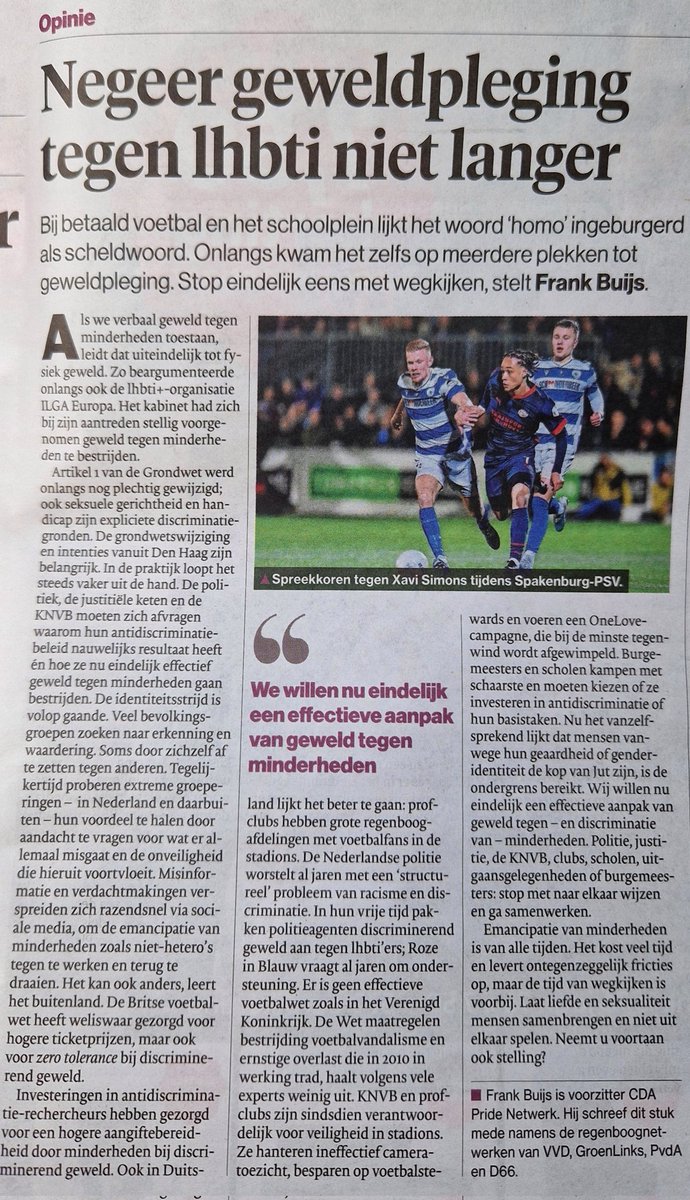 Vanochtend een oproep van de regenboognetwerken van de politieke partijen in het AD.nl

Aanleiding: gewenning aan geweldigpleging op het voetbalveld, bij scholen en in het uitgaansleven tegen #LHBTI in het bijzonder. Stop met wegkijken!

linkedin.com/posts/frankbui…