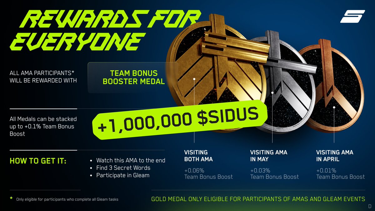 galaxy_sidus's tweet image. 🏅🏅🏅 Rewards for watching the AMA! Get yours now!
Watch the broadcast, catch the secret words, participate in Gleam, &amp;amp; grab your Team Bonus Booster Medal!
💸 We are also drawing for a $1,000,000 Prize Pool!
bit.ly/3MUKrZx
Learn the details in the AMA:…