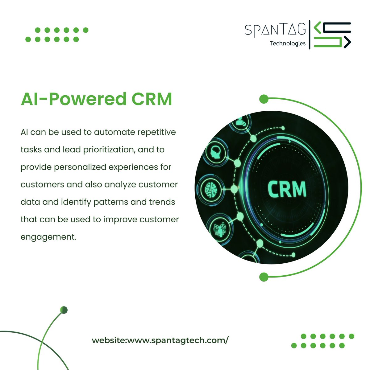 Our AI-powered CRM solutions optimize sales and marketing strategies, enhance customer engagement, and increase profitability.

#spanTAGtech #AI #ML #CRM #SalesOptimization #CustomerEngagement #Profitability #BusinessSolutions #RealTimeInsights #Automation #Innovation