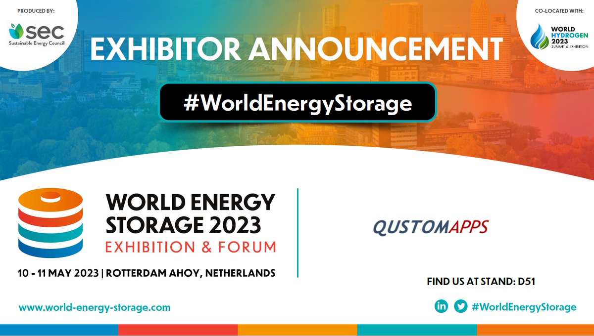 We are pleased to announce QustomApps as an Exhibitor at #WorldEnergyStorage. Meet them at Stand D51.    

✅Free Ticket:  bit.ly/3YaMbQp 
📙Programme:  bit.ly/3Iz1pch 
📌Book Your Stand:  bit.ly/3ZrK7EB