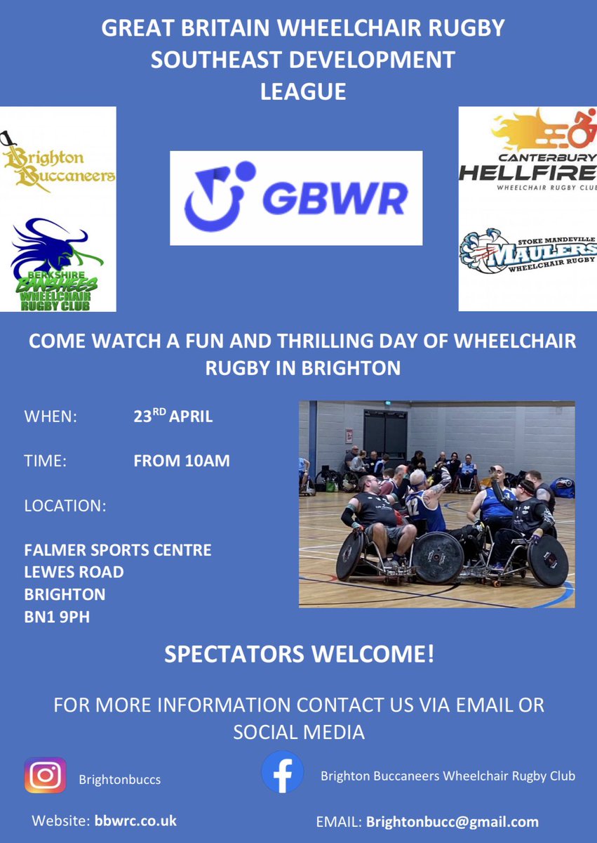 Come and watch an entertaining day of wheelchair rugby this Sunday! @BerkshireWRugby @SMMaulersWR @canterburyhelllfire @gbwrnews #WheelchairRugby5s #WR5s #NDL #WheelchairRugby #GBWR #WheelchairSport  #parasport  #disabilitysport  #SportEngland #Brighton
