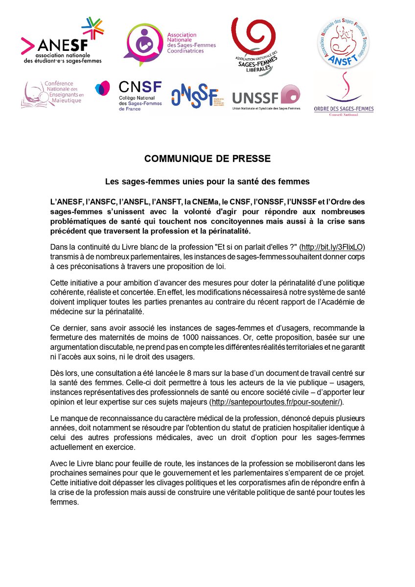 📢Communiqué | L'ensemble des organisations de #sagesfemmes s’unissent avec la volonté d'agir pour répondre aux problématiques de santé qui touchent nos concitoyennes mais aussi à la crise sans précédent que traversent la profession et la périnatalité bit.ly/43IWqiY