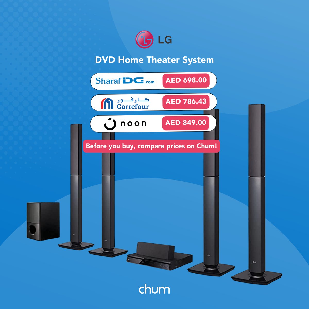saveonchum's tweet photo. Don't break the bank on a new soundbar! 💸Shop smart and check out these prices on Chum for the LG DVD Home theatre
@SharafDG  @CarrefourUAE  @noon 
#lg #sharafdg #carrefour #noon
#hometheater #audioequipment #pricecomparison https://t.co/d91Cy9lhJg