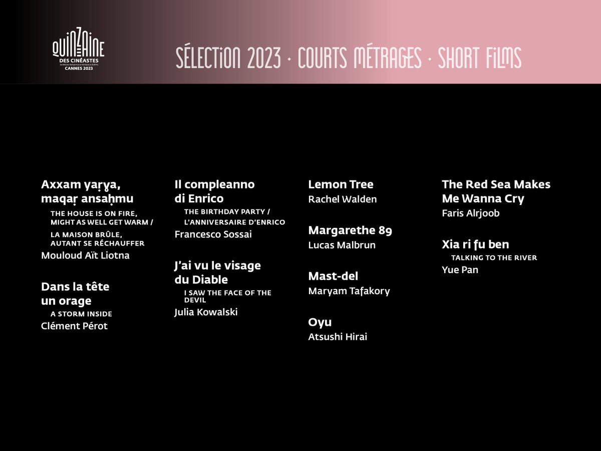 Quinzaine's tweet photo. Discover the 55th selection of Directors' Fortnight !

Find the complete program on our website https://t.co/AjqPXKaA0B 

Following the Cannes Film Festival, watch the 2023 Selection between June 7 and 18 in about 30 arthouse cinemas in France.
#TheFortnightExtended https://t.co/EhwCZnv2KH