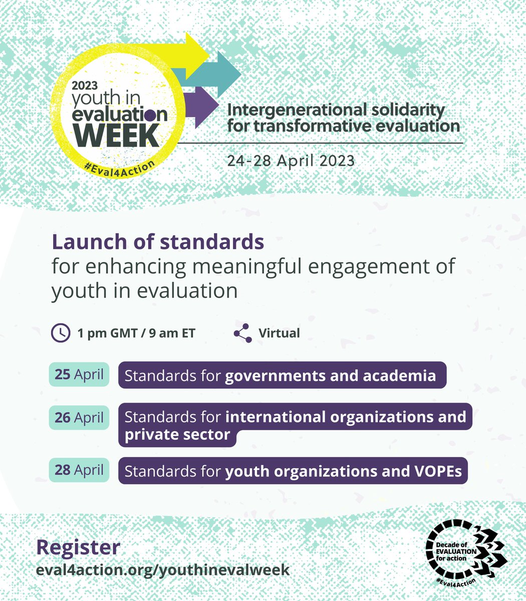 unfpa_eval's tweet photo. How can we improve accountability &amp; practice to advance youth engagement in evaluation?

Join us on 25, 26 &amp; 28 April for the launch of 6 new standards to enhance youth engagement in #evaluation

Register👉https://t.co/5xTlmOeVxt
#Eval4Action https://t.co/YvZuIDajbo