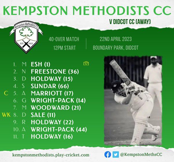 Kempston Meths CC (@kempstonmethscc) on Twitter photo Welcome to the 2023 Season! 🎉🏏
This Saturday, we begin with a friendly away at <a href="/didcotcc/">Didcot Cricket Club</a>, with the first ball delivered at 12pm.
Our XI is below so let’s wish our squad good luck in the seasonal opener!
Also, shall we see our former WK @mattygray5? 😉 Welcome to the 2023 Season! 🎉🏏
This Saturday, we begin with a friendly away at <a href="/didcotcc/">Didcot Cricket Club</a>, with the first ball delivered at 12pm.
Our XI is below so let’s wish our squad good luck in the seasonal opener!
Also, shall we see our former WK @mattygray5? 😉
