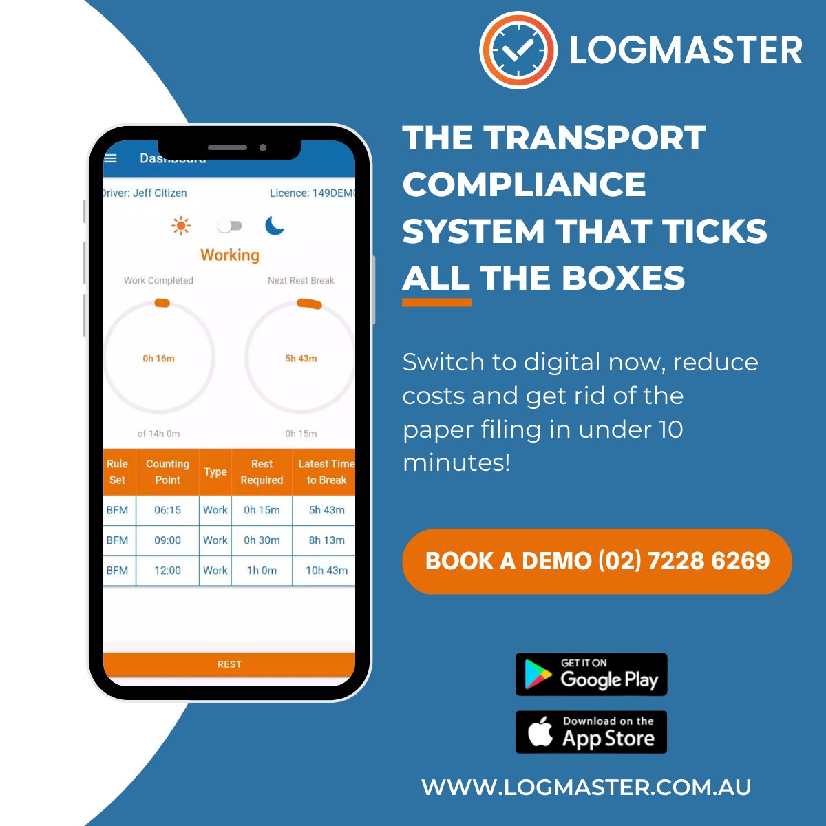 Logmaster (@logmasterau) on Twitter photo For fleet managers, record keepers, auditors, drivers & everyone in between.
๐๐ผ๐บ๐ฝ๐ฎ๐๐ถ๐ฏ๐น๐ฒ ๐๐ถ๐๐ต ๐ถ๐ข๐ฆ + ๐๐ป๐ฑ๐ฟ๐ผ๐ถ๐ฑ
Compliant in all Australian states.
logmaster.com.au or call (02) 7228 6269
#transport #compliance #electronicworkdiary #fatiguemanagement For fleet managers, record keepers, auditors, drivers & everyone in between.
๐๐ผ๐บ๐ฝ๐ฎ๐๐ถ๐ฏ๐น๐ฒ ๐๐ถ๐๐ต ๐ถ๐ข๐ฆ + ๐๐ป๐ฑ๐ฟ๐ผ๐ถ๐ฑ
Compliant in all Australian states.
logmaster.com.au or call (02) 7228 6269
#transport #compliance #electronicworkdiary #fatiguemanagement