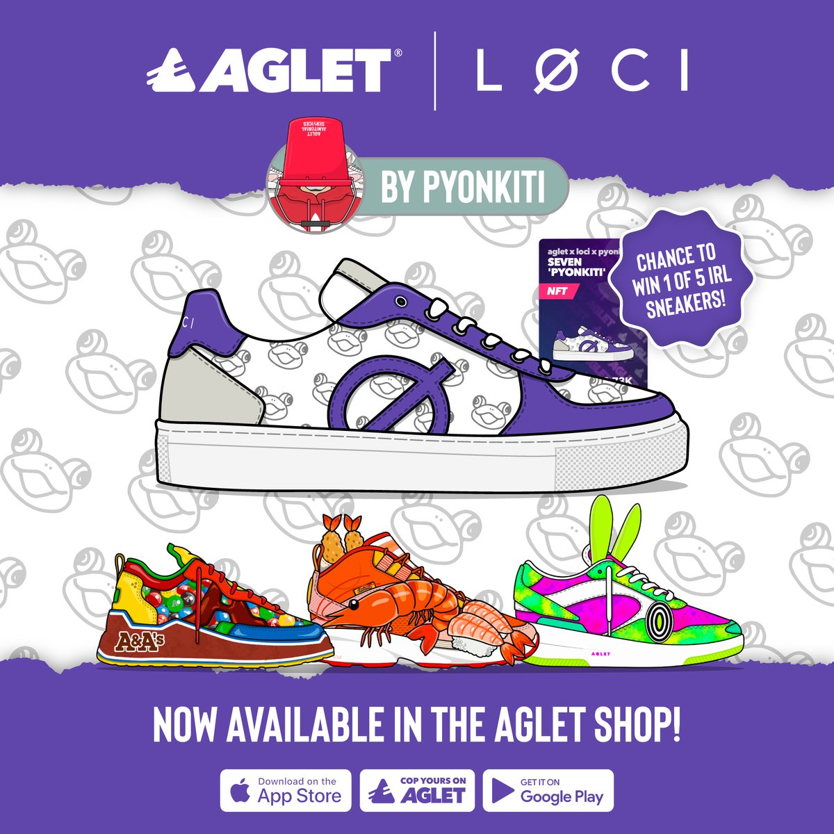 lociwear's tweet photo. The time has finally arrived! @pyonkiti___222 with her latest design for the LØCI Seven silhouette has officially dropped in the @AgletApp shop as an NFT accompanied by 3 more Pyonkiti designed Creator drop sneakers. Collect them all #CreatorsDrop #AgletCreators https://t.co/kg4J6HywVv