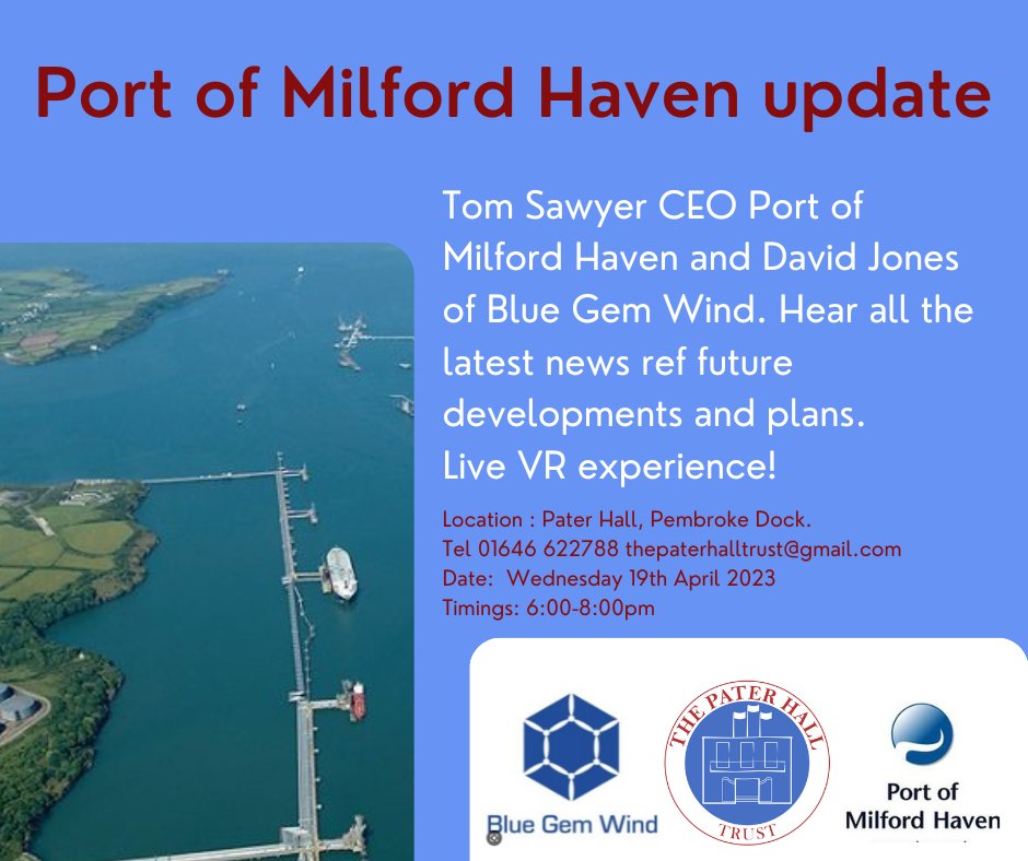 mh_port's tweet image. Tomorrow evening our CEO Tom Sawyer and David Jones from Blue Gem Wind will be providing an update on future developments to members of the public at the Pater Hall in Pembroke Dock. All are welcome to attend. @wind_gem #CommunityEngagement