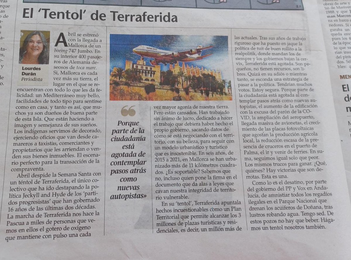 #Mallorca patas arriba
<a href="/Terraferida/">Terraferida</a> ha hecho el trabajo que debieron hacer otros. Sus denuncias contrastadas sobre las políticas devastadoras para la isla no han encontrado eco político. Ya no pueden más. Son libres. No tienen recursos. Les echaremos en falta