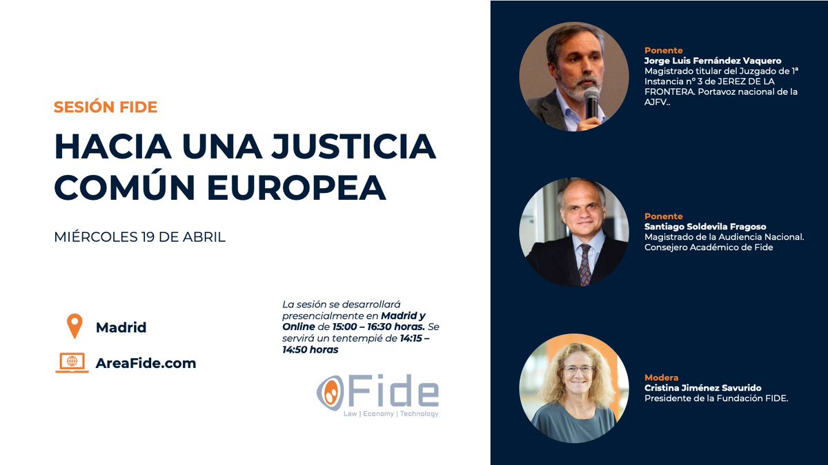 JuecesAJFV's tweet photo. ⏰Tenemos una cita a las 15:00
⚖️Hacia una Justicia común europea. La @fide_fundacion y la #AFJV organizan esta sesión, sobre el Estatuto del Juez Europeo, y mucho más. Presencial y online
👉Jorge F. Vaquero (@portavozJFV) y Santiago Soldevila Fragoso
https://t.co/meuGBjLN1c https://t.co/zqmIGcmzKk