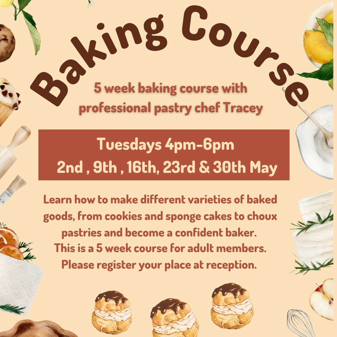 Learn how to make different varieties of baked goods, from cookies and sponge cakes to choux pastries and become a confident baker. A five-week baking course with professional pastry chef Tracey. 
More info: ow.ly/Kcop50NIZgC
#communitybaking #southislington