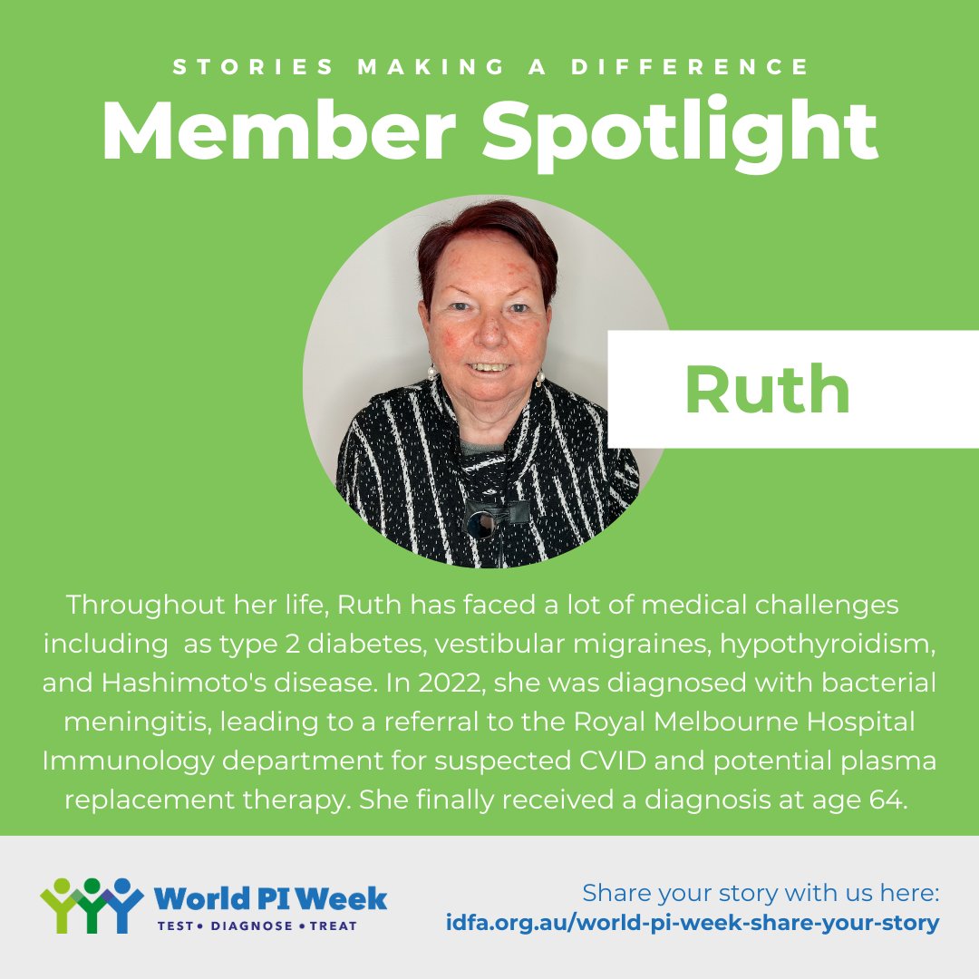 IDFA (@idfaustralia) on Twitter photo Meet Ruth, an IDFA Member with PI - Common Variable Immunodeficiency (CVID). <a href="/WorldPIWeek/">World Primary Immunodeficiency Week</a> is important to her as it raises awareness about CVID and other primary immunodeficiencies. Share your story for #WorldPIWeek2023 #IDFA #PI
ow.ly/hTko50NLjIG Meet Ruth, an IDFA Member with PI - Common Variable Immunodeficiency (CVID). <a href="/WorldPIWeek/">World Primary Immunodeficiency Week</a> is important to her as it raises awareness about CVID and other primary immunodeficiencies. Share your story for #WorldPIWeek2023 #IDFA #PI
ow.ly/hTko50NLjIG