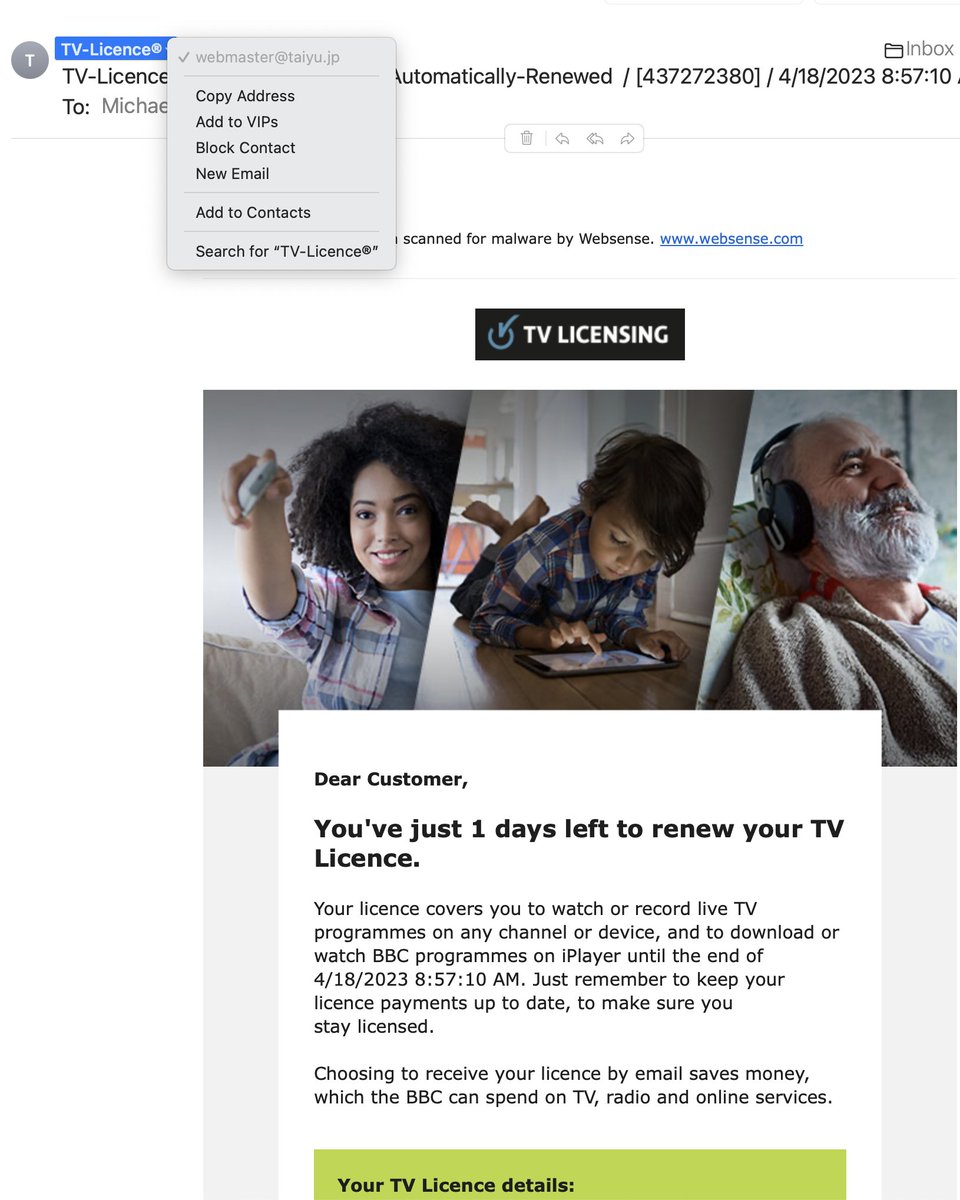 When you get anything - and I do mean anything - asking for money, suggesting you renew insurance, licences, software, always check who sent the email! After all, the TV licence is not issued by 'taiyo.jp'
#BeCyberAware