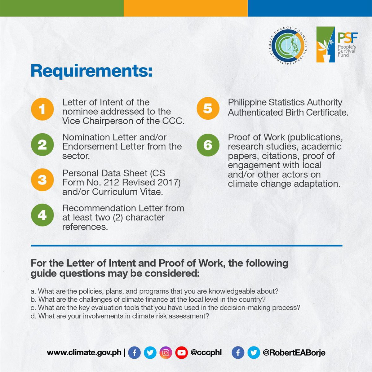 CCCPhlVCED's tweet photo. . @CCCPHL extends nomination for new PSF Board Sectoral Representatives until 3 May 2023 (Wed). For interested individuals and groups, below are the qualifications, requirements and other information ⬇️  #PSF #ClimateActionPH #BuildRightAtFirstSight @DOF_PH @SecBenDiokno @psf_ph https://t.co/XTEne2WviT