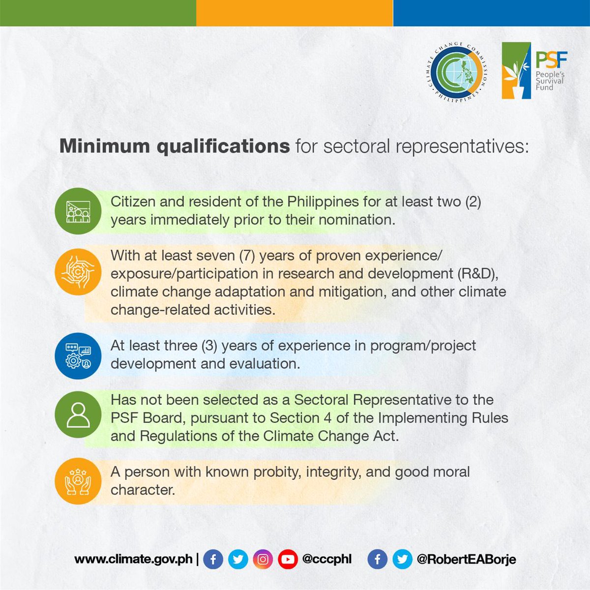 CCCPhlVCED's tweet photo. . @CCCPHL extends nomination for new PSF Board Sectoral Representatives until 3 May 2023 (Wed). For interested individuals and groups, below are the qualifications, requirements and other information ⬇️  #PSF #ClimateActionPH #BuildRightAtFirstSight @DOF_PH @SecBenDiokno @psf_ph https://t.co/XTEne2WviT
