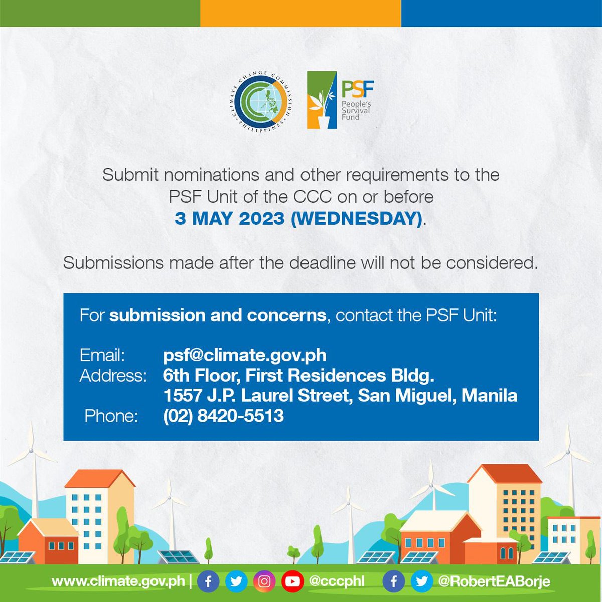 CCCPhlVCED's tweet photo. . @CCCPHL extends nomination for new PSF Board Sectoral Representatives until 3 May 2023 (Wed). For interested individuals and groups, below are the qualifications, requirements and other information ⬇️  #PSF #ClimateActionPH #BuildRightAtFirstSight @DOF_PH @SecBenDiokno @psf_ph https://t.co/XTEne2WviT