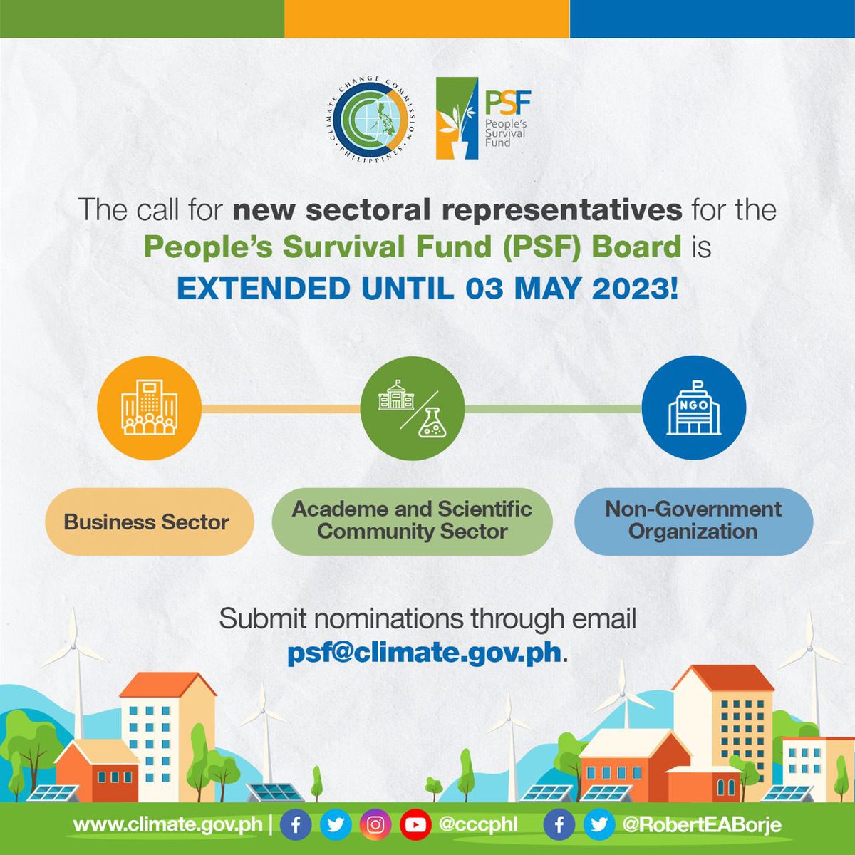 CCCPhlVCED's tweet photo. . @CCCPHL extends nomination for new PSF Board Sectoral Representatives until 3 May 2023 (Wed). For interested individuals and groups, below are the qualifications, requirements and other information ⬇️  #PSF #ClimateActionPH #BuildRightAtFirstSight @DOF_PH @SecBenDiokno @psf_ph https://t.co/XTEne2WviT