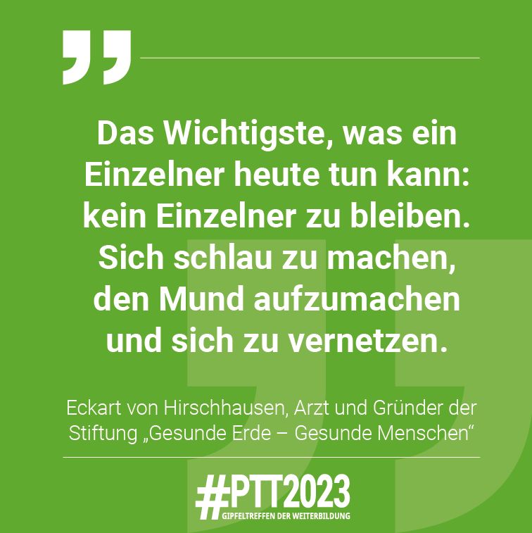 Die heutigen Herausforderungen sind so groß, dass wir sie nur gemeinsam lösen können – und wenn Nachhaltigkeit sich von der Pflicht zum Purpose entwickelt. Davon ist Eckart von Hirschhausen überzeugt. Mehr dazu in seinem Vortrag auf den #PTT2023 bit.ly/3ZO6IMQ