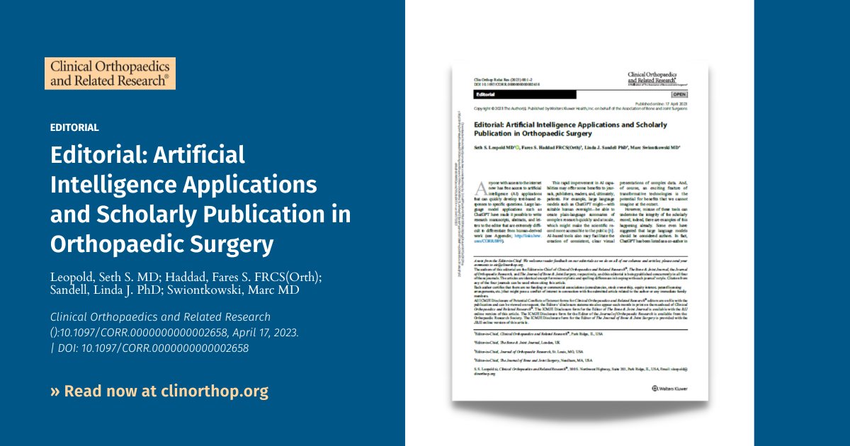 Just published: The Editorial Boards of CORR, the @BoneJointJ, the @JOrthopRes, and the @jbjs have agreed on new standards for AI applications in scholarly research. Read this #openaccess editorial now #orthoTwitter #medTwitter: journals.lww.com/clinorthop/pag…