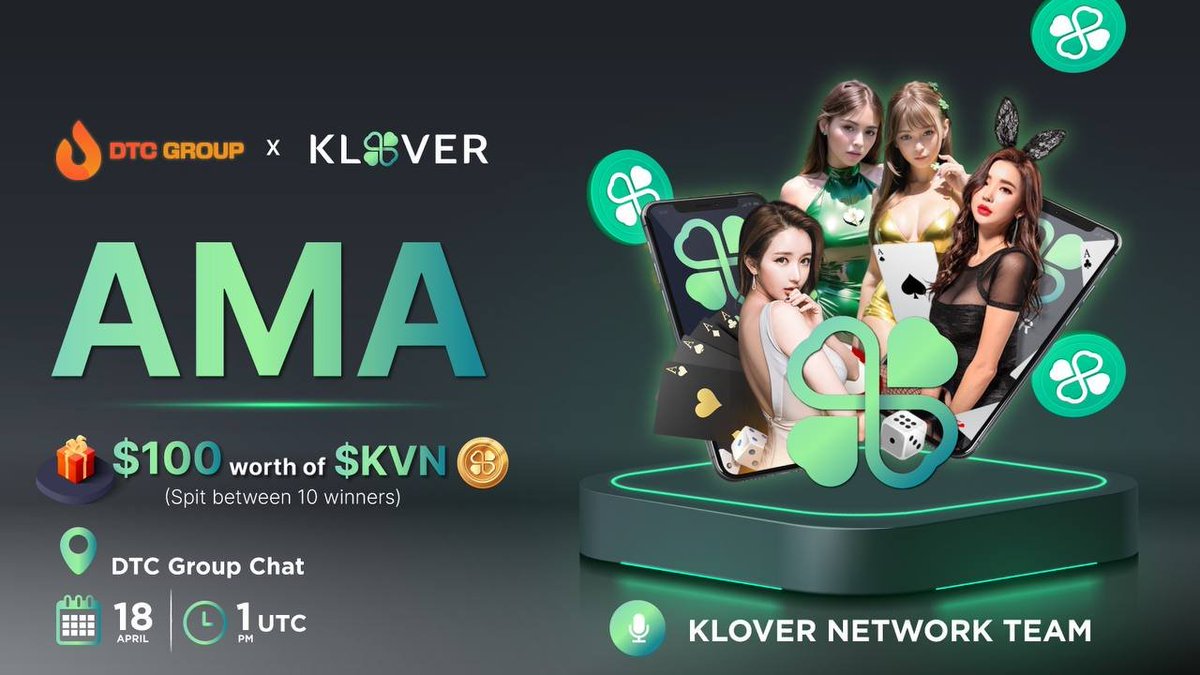 klover_network's tweet photo. 🎙 AMA ANNOUNCEMENT 🎙
🍀 #KloverNetwork (https://t.co/LtePTCzBXp) will be speaker on an AMA session on DTC Group (https://t.co/z1cKfEYmer).

🌀 Date: 18th Apr. 1 PM UTC
🗣 Speaker: Klover Network Team
🎙 Host: DTC Team 
🏛 Venue: DTC Group 
🎉 Giveaway: $100 in $KVN, 10 winners https://t.co/JsPkw9TUDq