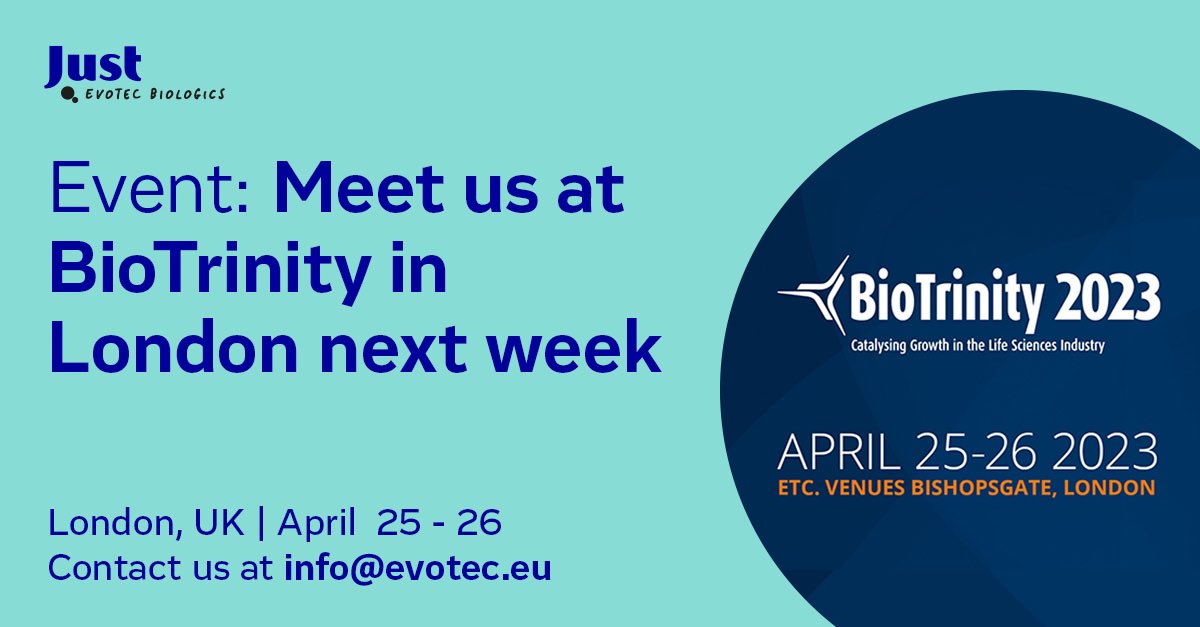 JustEvotecBio's tweet photo. Meet us at #BioTrinity 2023 in #London this month. Our experts will be on site alongside our @Evotec colleagues to discuss your requirements. Reach out to them via the BioTrinity partneringONE app to arrange a meeting
#biologics #biopharma #BioTrinity2023 #researchneverstops https://t.co/O7JsKPq5mZ
