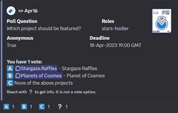 StargazeRaffles's tweet photo. Will our 3rd consecutive @StargazeZone community vote finals be the one that makes us win ?

Show your support by voting "A" 🫡

Awaiting mint date, you can mint few of our NFTs on testnet &amp; participate to the TESTNET raffles.
Testnet launchpad link on discord's announcement ! https://t.co/z018kZcwi2