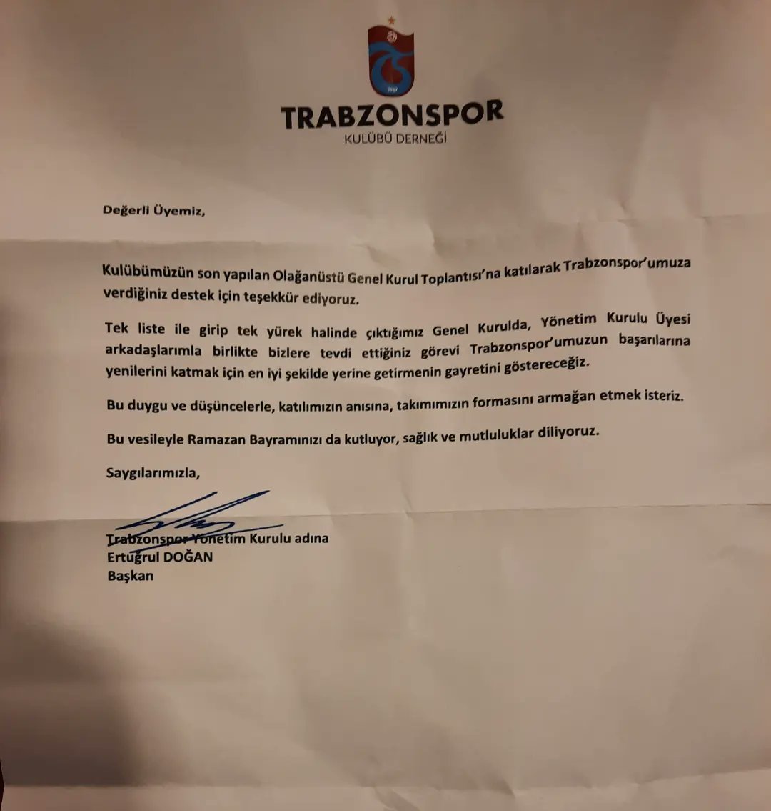 Başkanımız Sn. Ertuğrul Doğan ve yönetimimizin vermiş olduğu bu güzel hediye için teşekkür eder saygılarımı sunarım. Her koşulda Sevdamızın yolunda ve yanındayız. <a href="/Trabzonspor/">Trabzonspor</a> <a href="/ErtugrulDogan61/">ertugruldogan61</a>