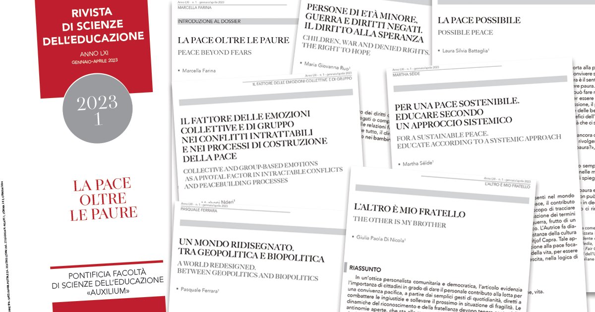 «La pace oltre le paure» sull'ultimo numero della Rivista di Scienze dell'Educazione. I contributi trattano scenari, sfide, percorsi per maturare, educare e agire la pace in un impegno costante e paziente verso la riconciliazione e al perdono.
Leggi su  bit.ly/3KJF10H