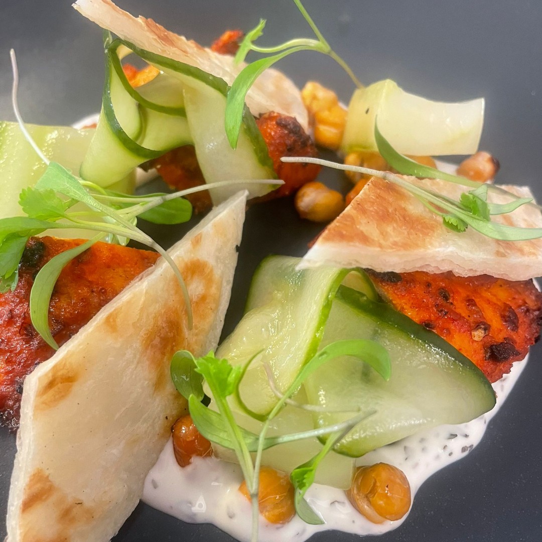 Lots of new dishes to enjoy for lunch or dinner in our Spring menu. 

Starter - Chicken Tandoori with chickpea, yoghurt and
marinated cucumber with paratha bread and coriander.

#theblueboar #blueboar #newmenu #pubfood #alcester #stratforduponavon #warwickshire #cotswolds