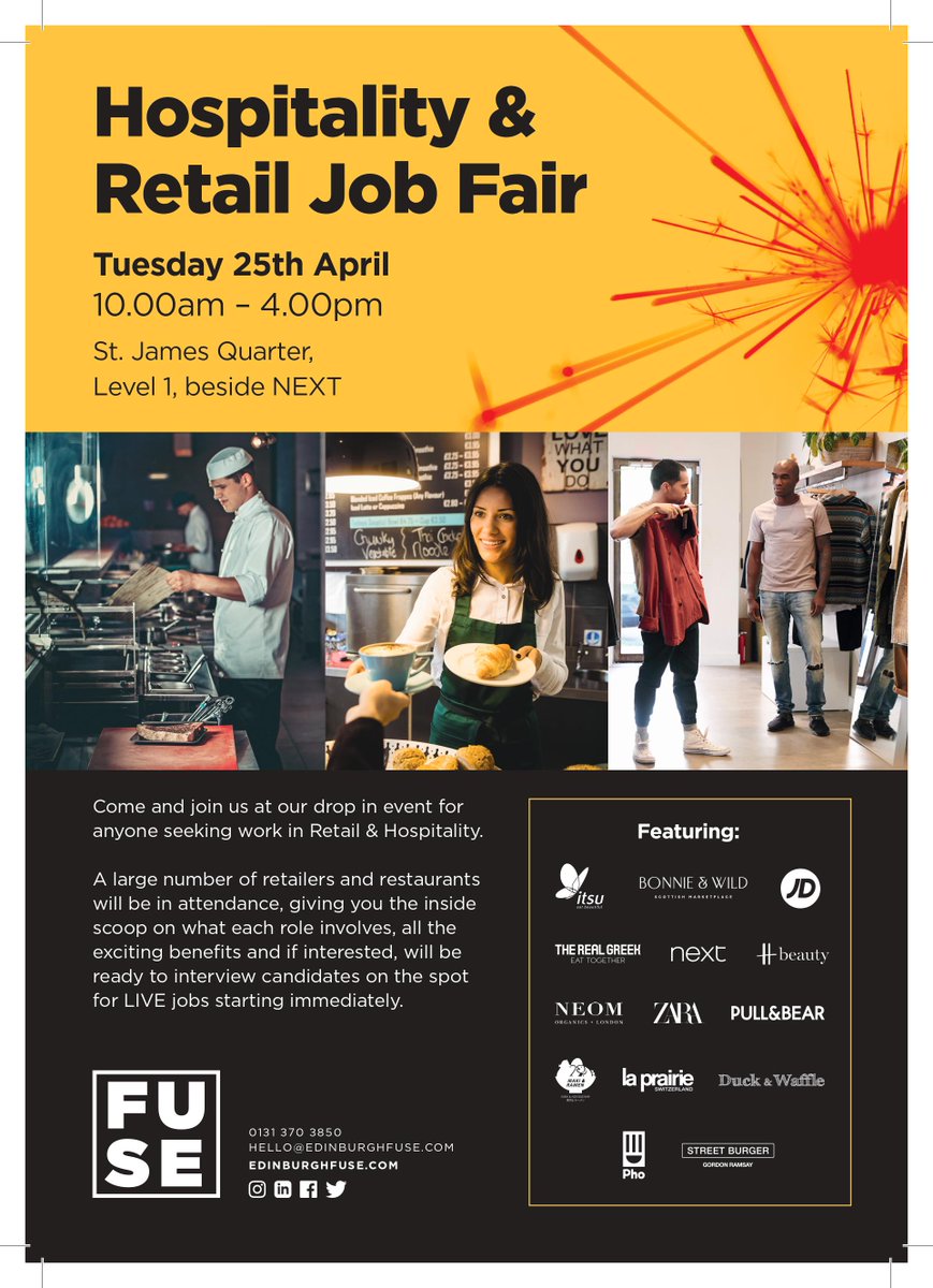 📢Jobseekers 📢Looking for a career in retail or hospitality? 

Come along to the St James Quarter, Level 1, on Tuesday 25th April to interview with recruiting employers for LIVE jobs starting immediately. 

#Retail #Hospitality #Careers #JobSeekers