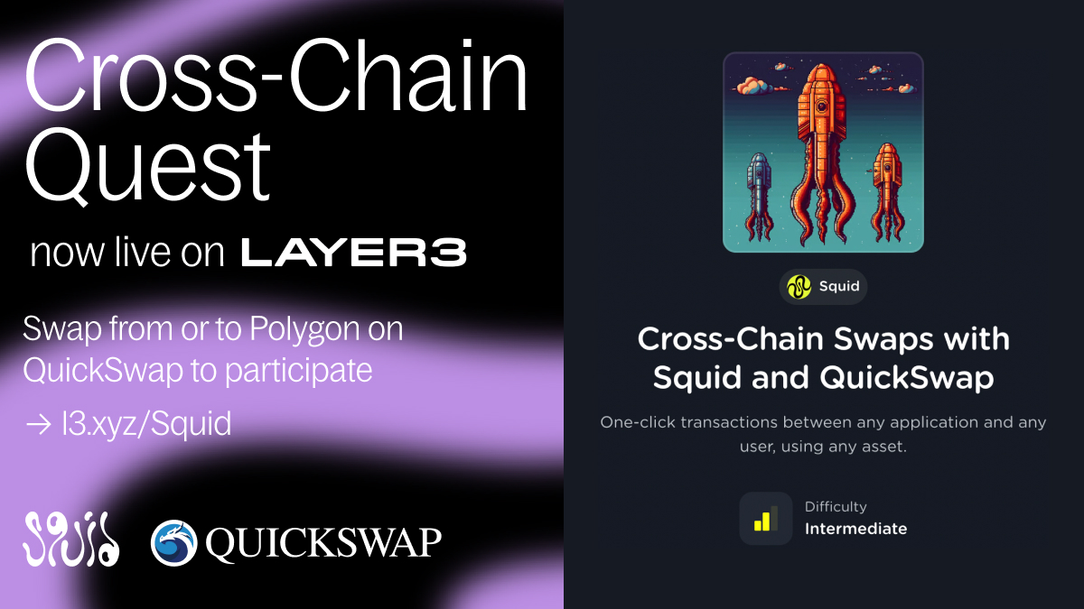 squidrouter's tweet photo. gm adventurers 🐉 🦑

A new quest awaits! We've joined forces with @QuickswapDEX to showcase our cross-chain swaps via @layer3xyz ⚔️

Use QuickSwap's cross-chain tab (powered by Squid) and swap from or to @0xPolygon to participate 🫡

🔗 https://t.co/LfOanwjYST https://t.co/c5544B8nlk