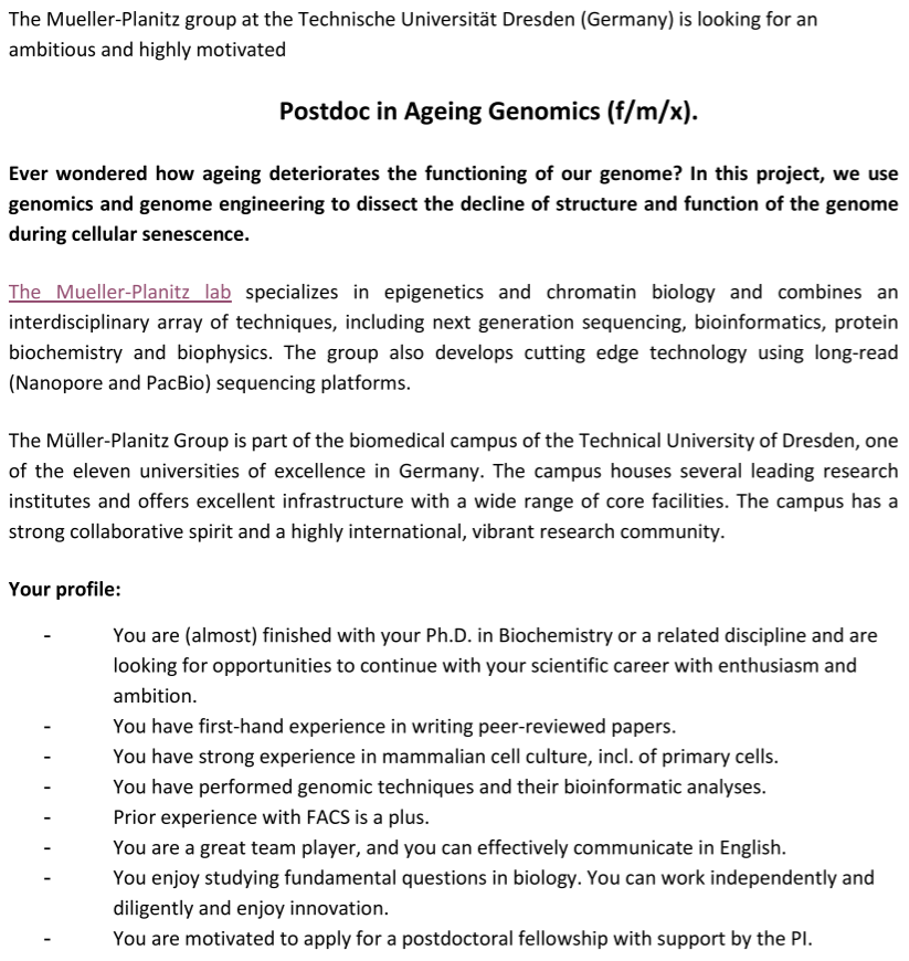 FMP_lab's tweet photo. pls RT: New #postdoc position: Ever wondered how aging deteriorates the functioning of our genome? Here, we use genomics &amp; genome engineering to dissect the decline of structure &amp; function of the genome during cellular senescence. Get in touch: felix.mueller-planitz@tu-dresden.de https://t.co/voofNCNiL0