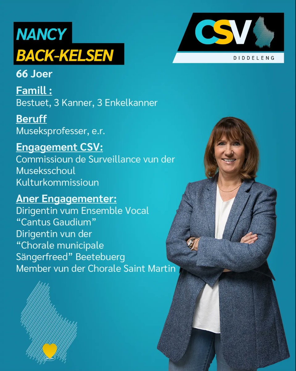 CSVDiddeleng's tweet photo. Haut stellen mir iech d' Nancy BACK-KELSEN fir. Mat engem familiären Message!
MÉI NO. MÉI DIDDELENG. MÉI BEWEEGEN.
#csvdiddeleng #gemengenwalen2023 #echkawielen #jepeuxvoter #ichkannwaehlen #icanvote https://t.co/w9pokoCGSj