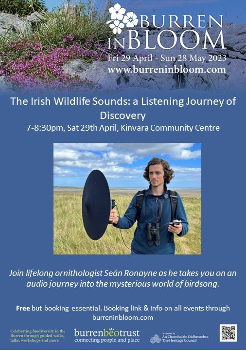 BurrenbeoTrust's tweet photo. Calling all bird lovers! Delve into the mystery and beauty of birdsong at our upcoming talk with lifelong ornithologist Sean Ronayne on Sat 29th April in Kinvara as part of #BurreninBloom. Free but booking essential through https://t.co/q2fTA074rx
@SoundsIrish https://t.co/duH4T2clcs