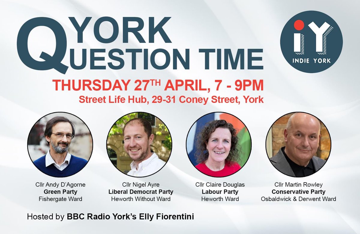 With the local elections coming round fast, Indie York has invited senior leaders from the 4 major political parties to attend a ‘Question Time’ style debate on the issues that face businesses in the city.

Find out more and book your FREE tickets at tinyurl.com/IYQTime