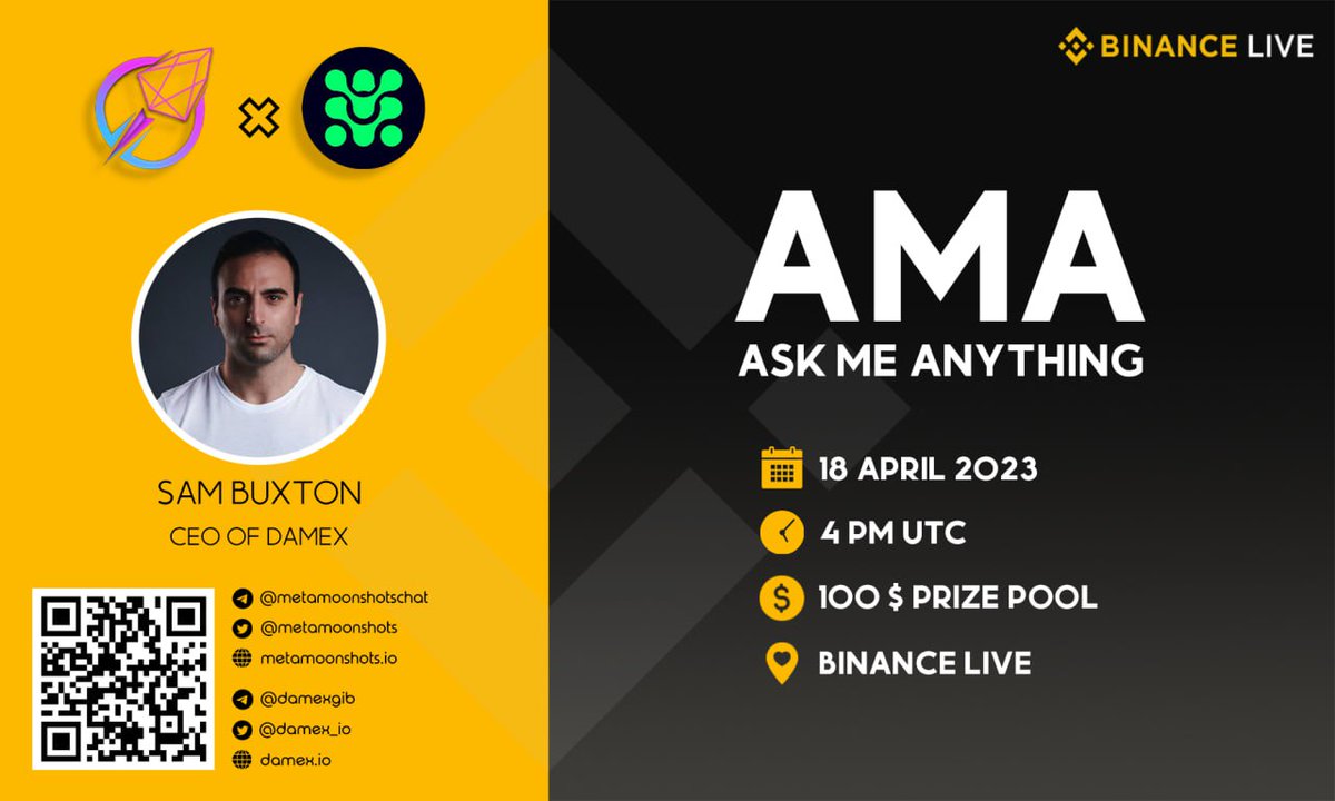 damex_io's tweet photo. We are delighted to announce our second AMA on @binance Live today with @metamoonshots !

18th April  2023,  4 PM UTC. (6 PM CET)

 Join the AMA to learn more about the project and tomorrow's IEO. https://t.co/zero7FNLjd