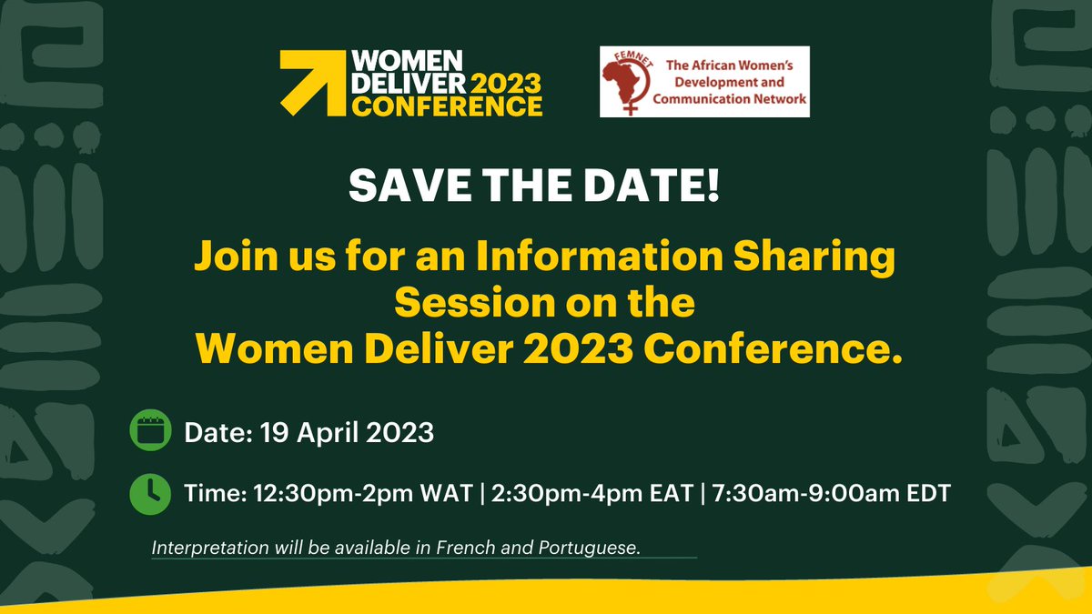 FemnetProg's tweet photo. Ahead of the 2023 Women Deliver Conference that will be taking place in Rwanda, join us an information sharing session about #WD2023   

🗓️ 19 April    
 ⏲️12:30pm-2:00pm WAT | 2:30pm-4:00pm EAT   

Register ➡️  https://t.co/KDnpGt9sdp

@WomenDeliver https://t.co/KHo24TV26O