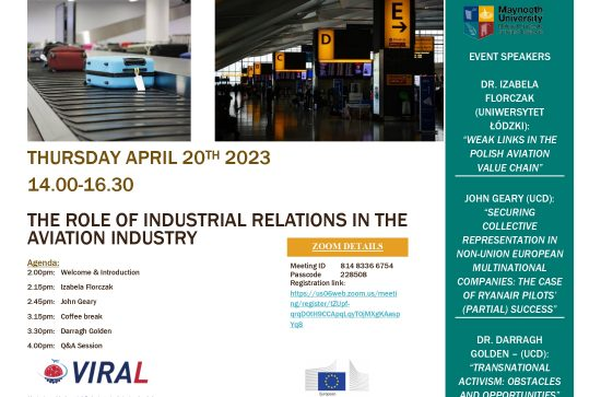 MaynoothLaw's tweet photo. .@profmdoherty &amp; Dr David Mangan are hosting a seminar this Thursday, April 20th on, "The Role of Industrial Relations in The Aviation Industry". This is part of the @_Viral_Project_ EU research project.   

All are welcome to this event!  

To register: https://t.co/avQANB5mhb https://t.co/1qn3DriKus