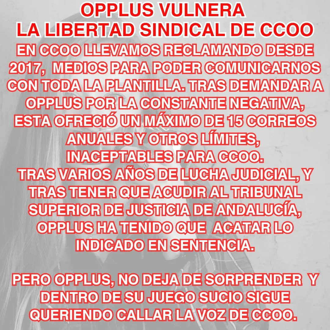 CCOO_opplus's tweet photo. "…la conducta de la empresa (#OPPLUS) negándose a facilitar una cuenta de correo corporativo a la sección sindical de #CCOO ha supuesto la vulneración de su derecho a la libertad sindical…”
@ccoo @TICCOOservicios @ccoomalaga @CanalMalagaRTVE @PTAmalaga @putasconsultor1
@bbva https://t.co/IGbTJ28Xqd