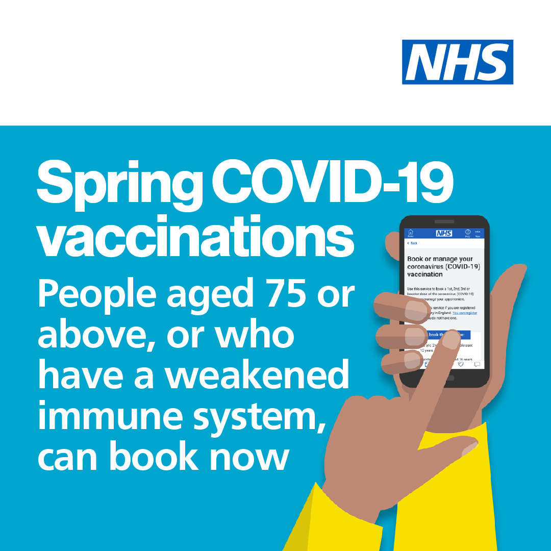 PH_Bolton's tweet photo. People aged 75 or above, or those with a weakened immune system, can now book their spring COVID-19 vaccine. You can book through the NHS App, by calling 119 or at https://t.co/pLLFwUESM1 https://t.co/IZLWumepLi