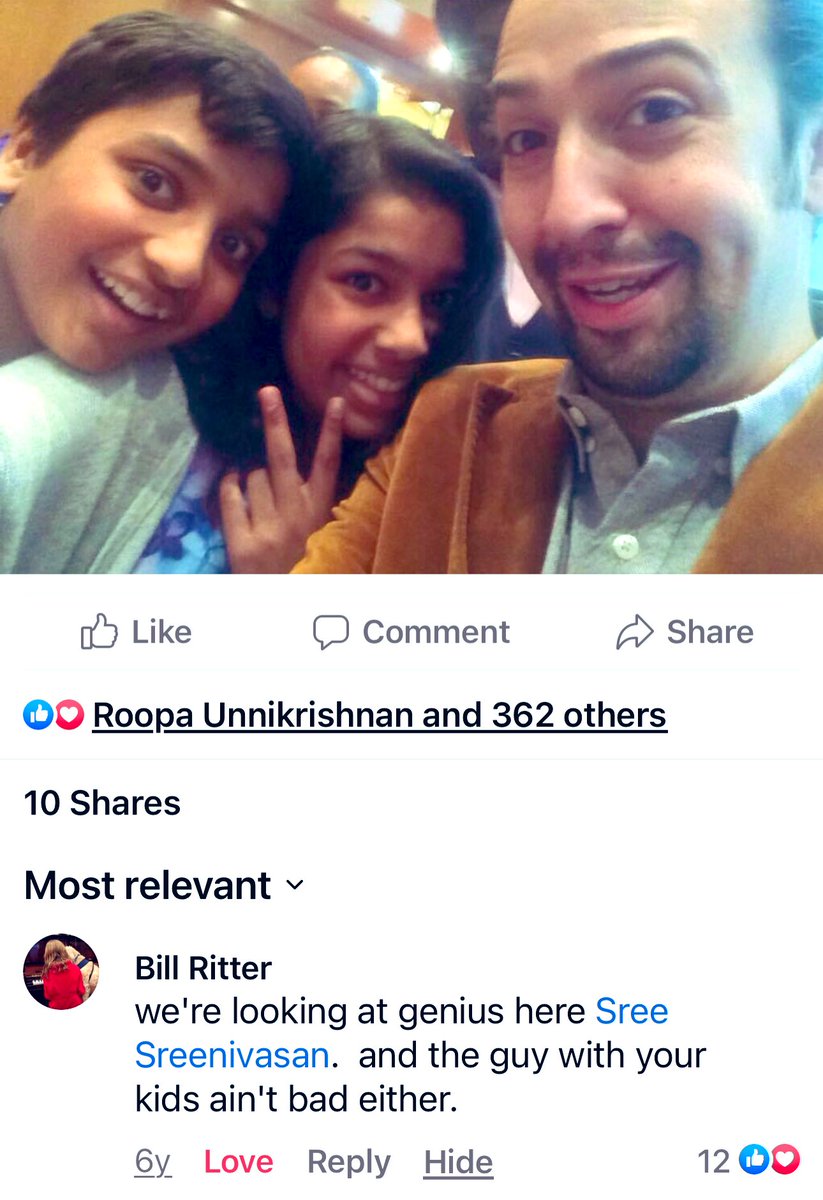 sree's tweet photo. On this day in 2016, 90 mins before his @PulitzerPrizes win, @Lin_Manuel clicked this selfie w/ my twins @durganyc and @KrishnaSreeniv! At @GirlBeHeard awards luncheon, where LMM and @Vegalteno were honored.
Note @billritter7 of @ABC7NY, menschy as always. #LifeHighlight https://t.co/MOM0RS7vKY
